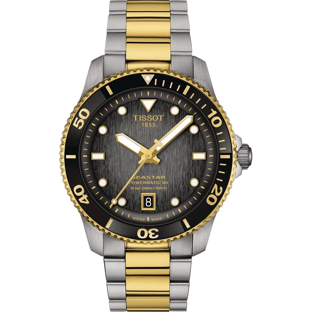 Montre Tissot Seastar 1000 avec boîtier en acier inoxydable et lunette dorée, cadran noir et bracelet bicolore.