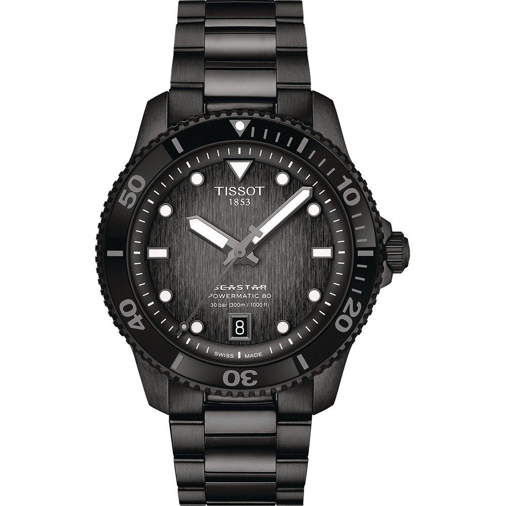 Montre Tissot Seastar 1000 avec boîtier noir, cadran texturé et bracelet en acier inoxydable.