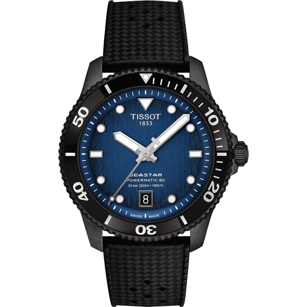 Montre Tissot Seastar 1000 avec cadran bleu, boîtier noir et bracelet en caoutchouc.