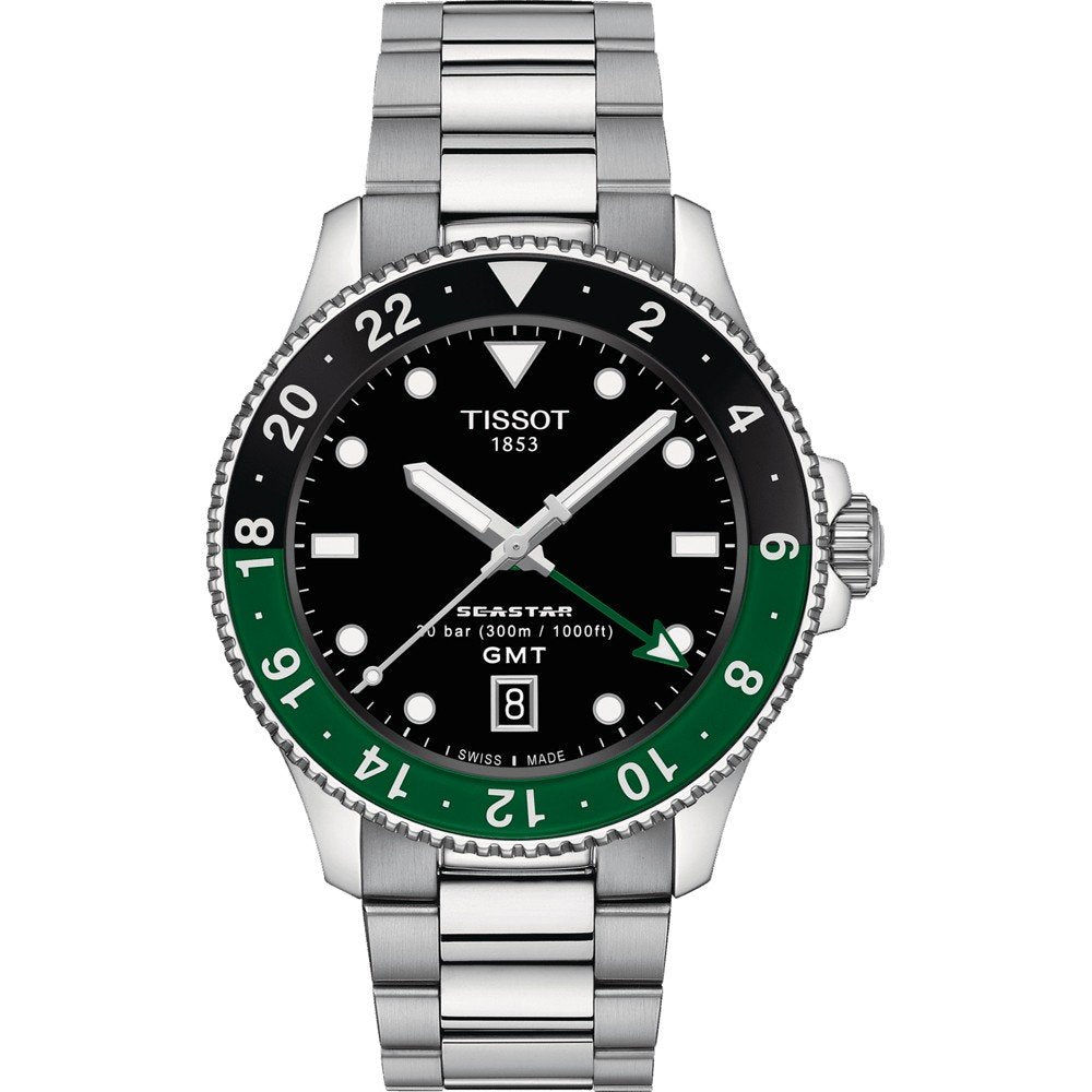 Montre Tissot Seastar 1000 avec cadran noir, boîtier en acier inoxydable et bracelet en métal, affichage GMT.