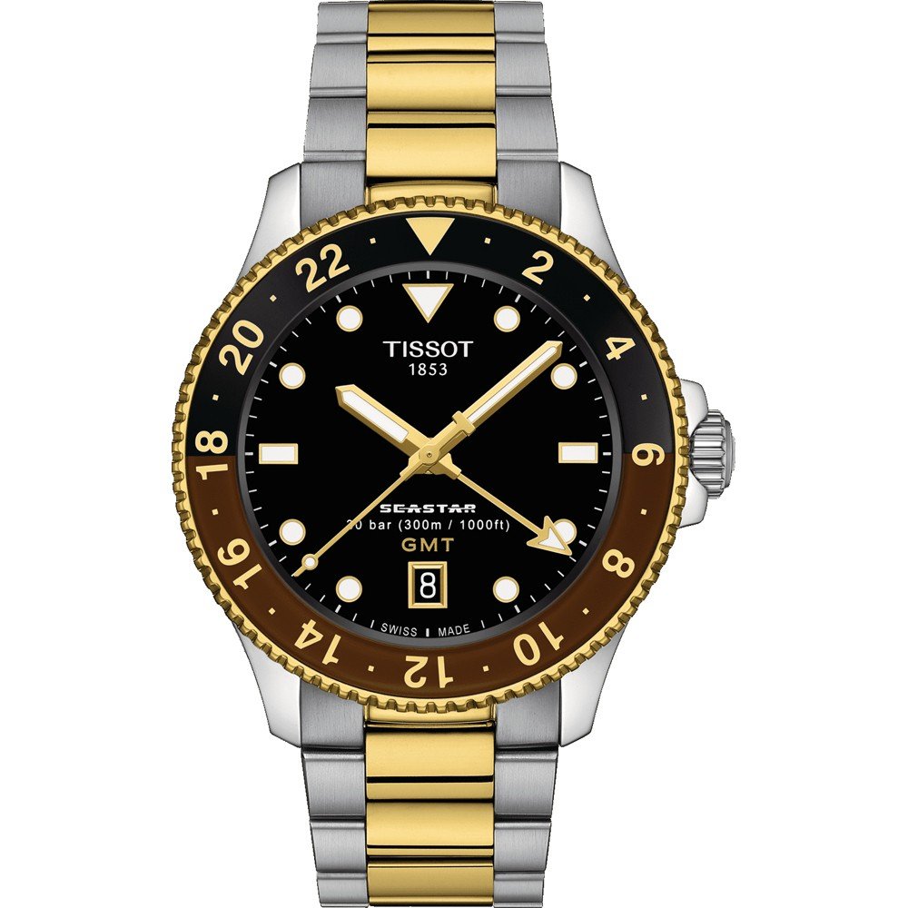 Montre Tissot Seastar 1000 GMT avec boîtier en acier inoxydable et lunette dorée, cadran noir et bracelet bicolore.