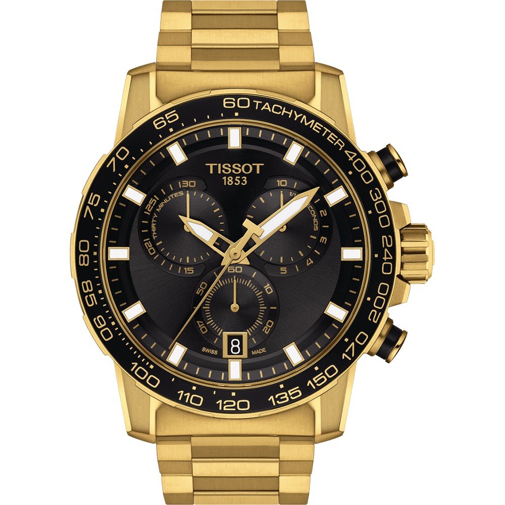 Montre Tissot Supersport Chrono en acier doré avec cadran noir et chronomètre.