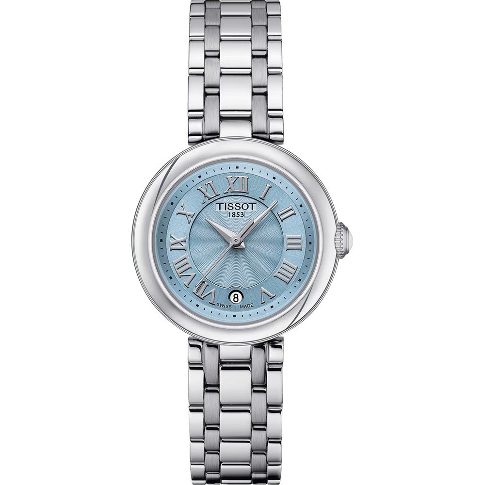 Montre Tissot Bellissima avec un cadran bleu clair, boîtier en acier inoxydable et bracelet en maillons.
