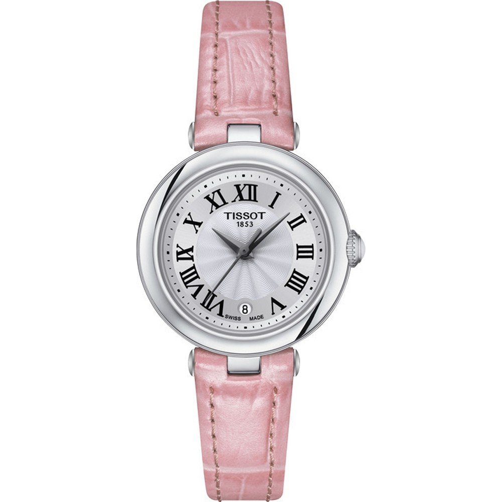 Montre Tissot avec un cadran argenté, boîtier en acier et bracelet en cuir rose.
