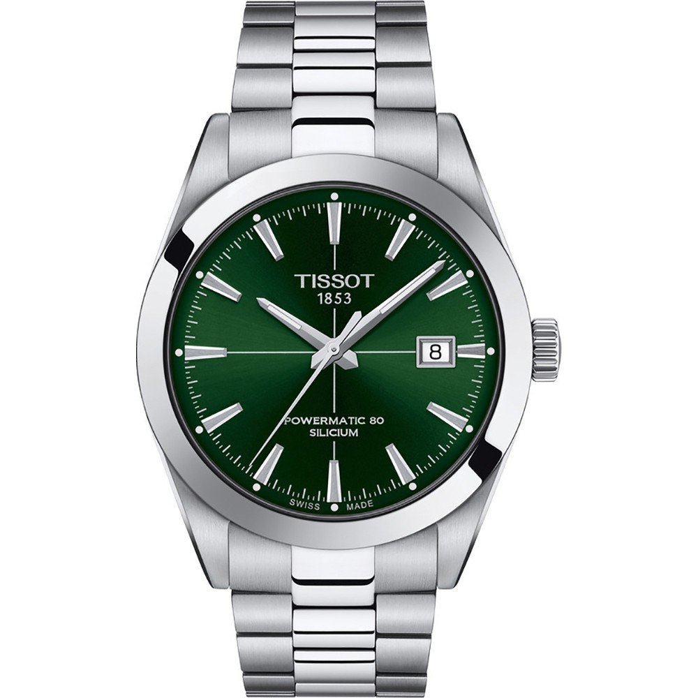 Montre Tissot avec un cadran vert, boîtier en acier inoxydable et bracelet en acier.