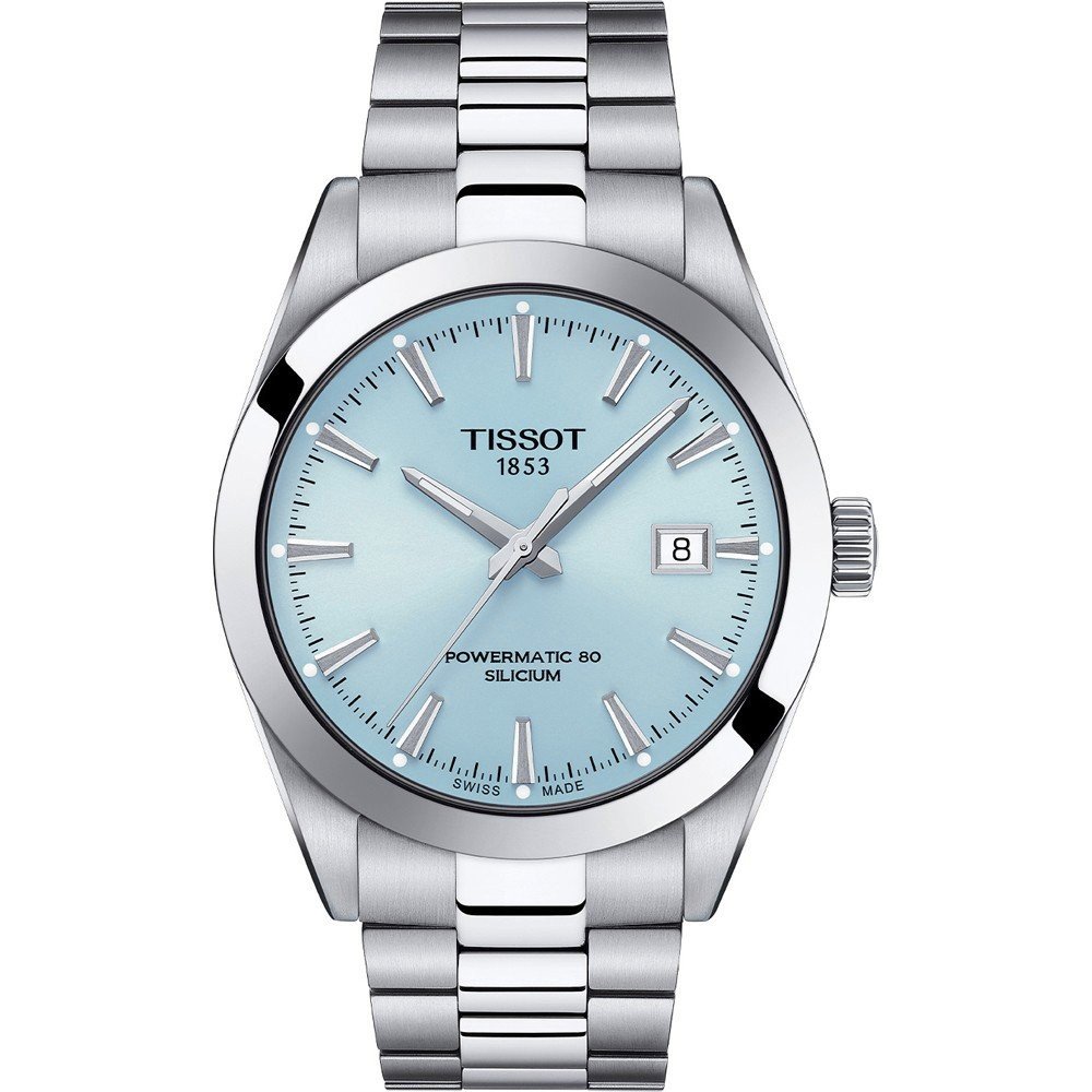 Montre Tissot avec un cadran bleu clair, boîtier en acier inoxydable et bracelet en acier.