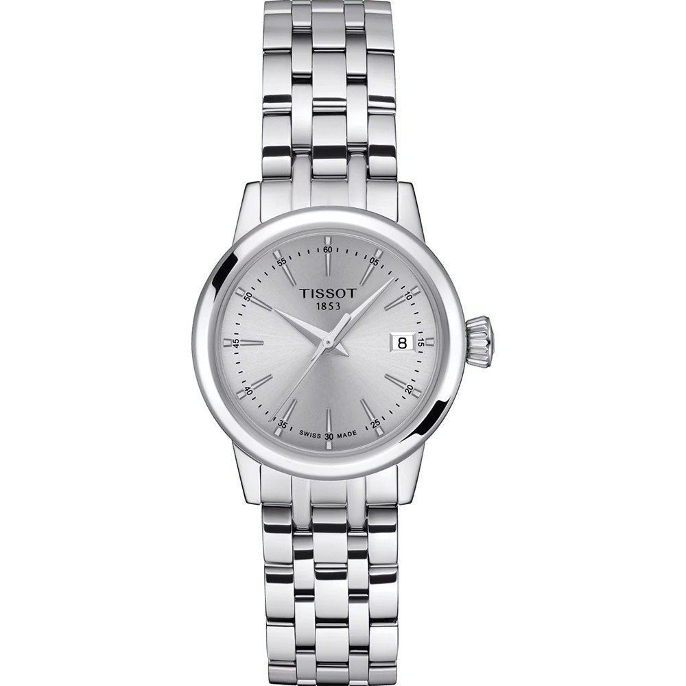 Montre Tissot Classic Dream Lady en acier inoxydable, cadran argenté avec index, bracelet à maillons.