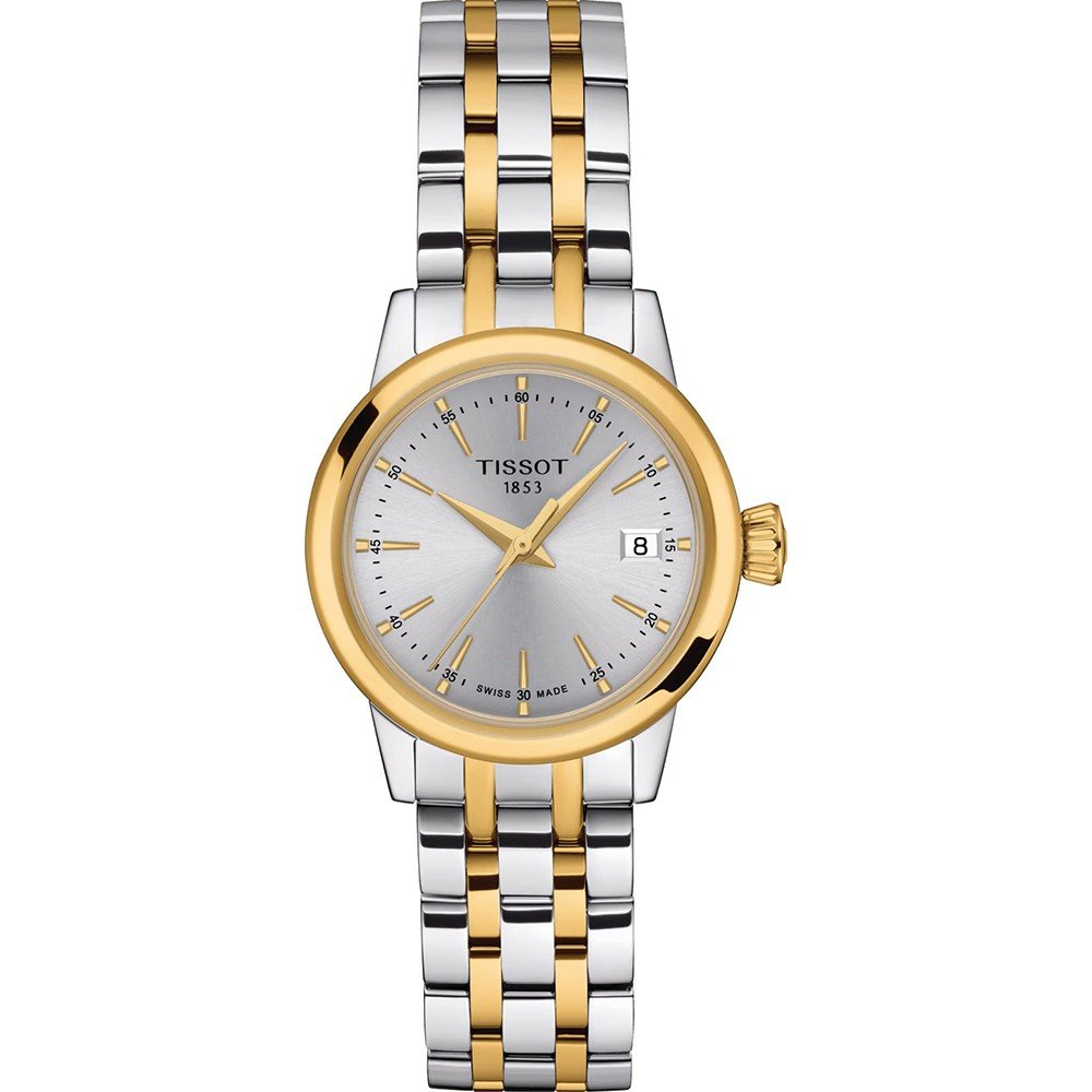 Montre Tissot Classic Dream Lady avec boîtier doré, cadran argenté et bracelet en acier inoxydable bicolore.