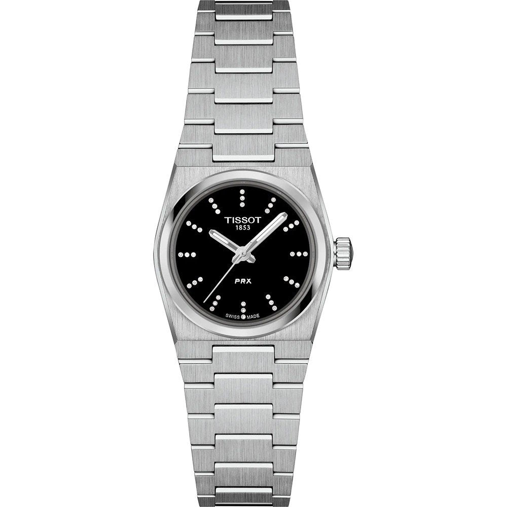 Montre Tissot PRX 25mm avec un cadran noir, boîtier en acier inoxydable et bracelet en métal.