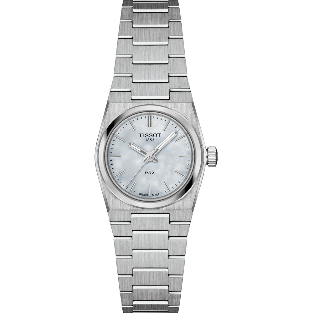 Montre Tissot PRX 25mm en acier inoxydable avec cadran en nacre et bracelet à maillons.