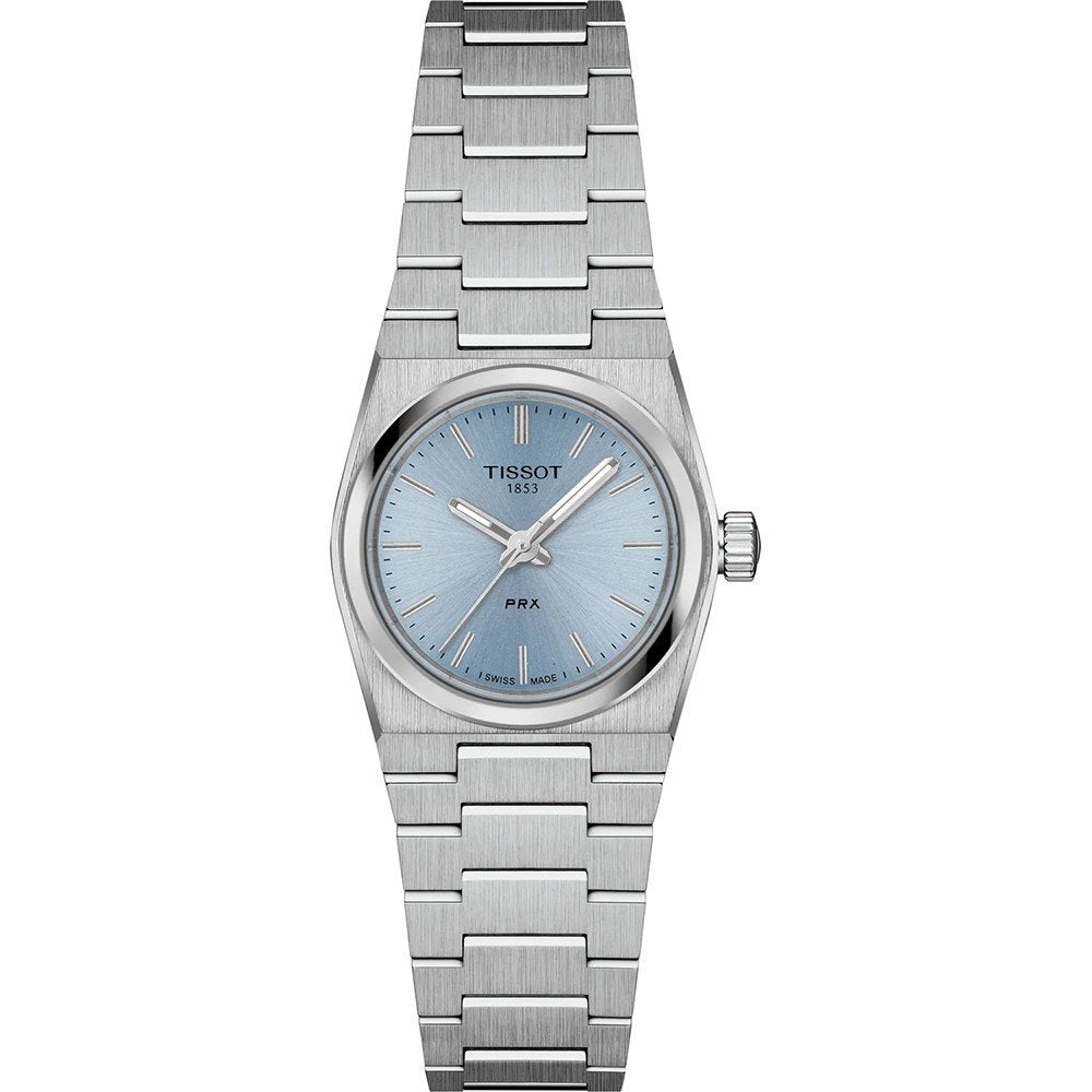 Montre Tissot PRX 25mm avec un cadran bleu, boîtier et bracelet en acier inoxydable.