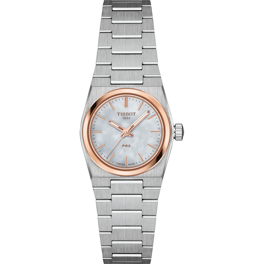 Stalen horloge met een 25mm kast, parelmoeren wijzerplaat en roségouden accenten.