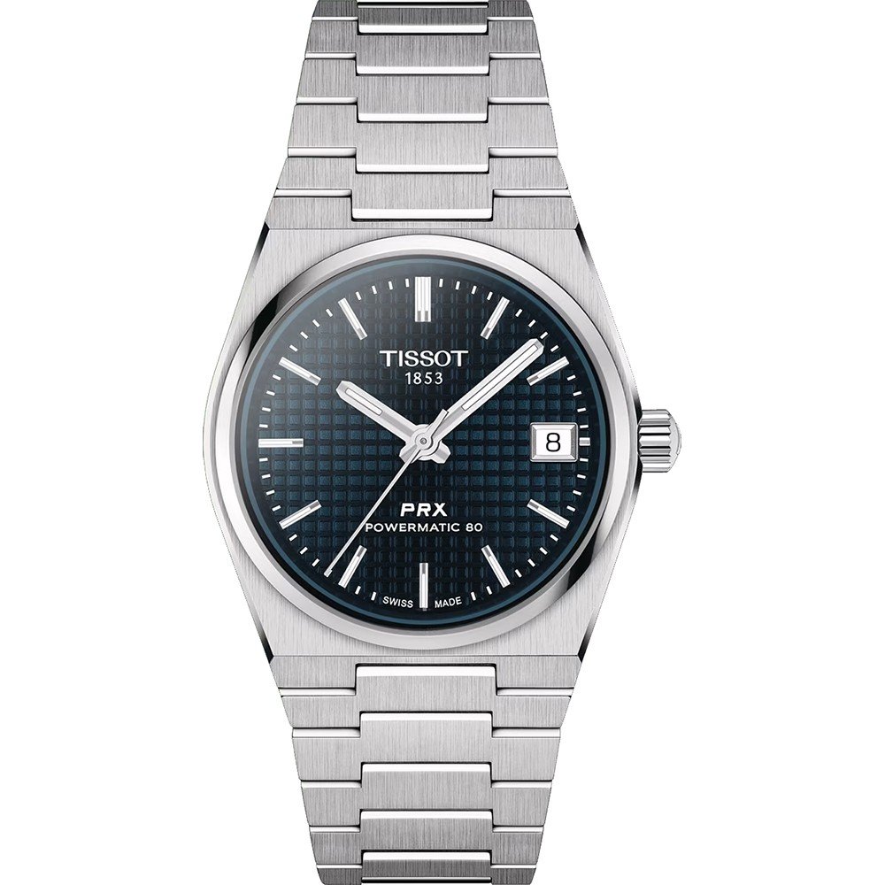 Montre Tissot PRX Powermatic 80 de 35 mm avec cadran bleu et bracelet en acier inoxydable.