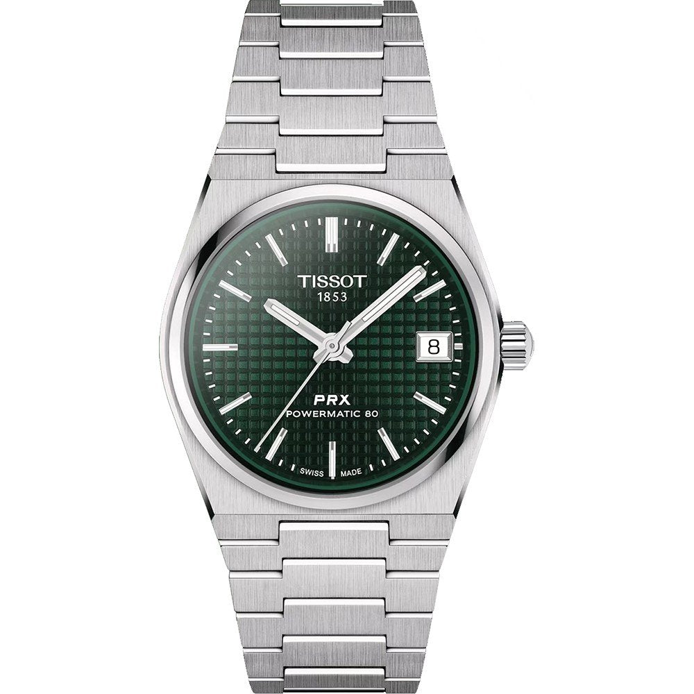 Montre Tissot PRX Powermatic 80 de 35 mm avec cadran vert et bracelet en acier inoxydable.