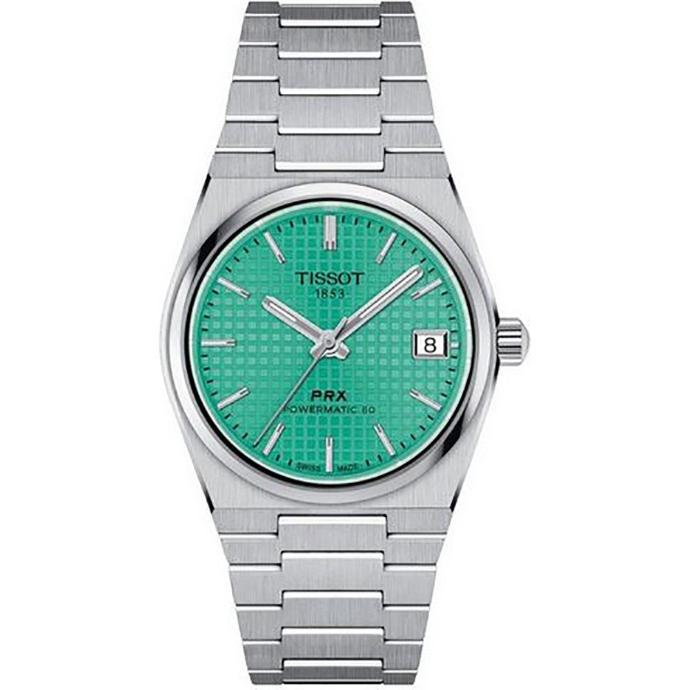 Montre Tissot PRX Powermatic 80 avec cadran vert, boîtier en acier inoxydable et bracelet en acier.