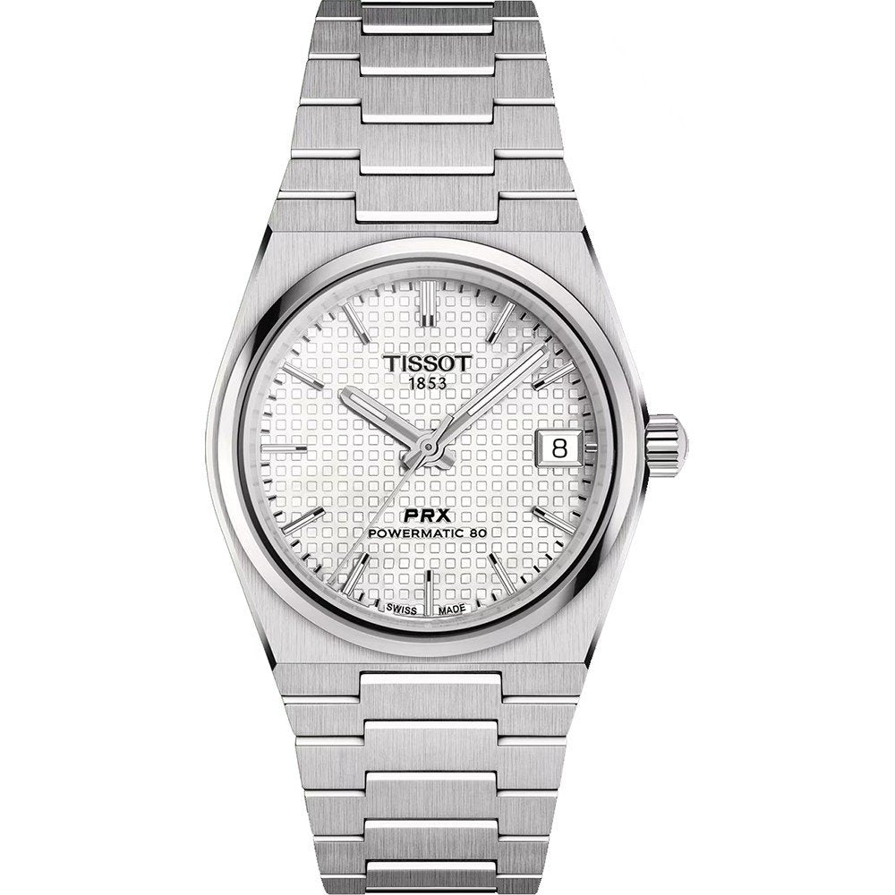 Montre Tissot PRX Powermatic 80 de 35 mm avec cadran argenté et bracelet en acier inoxydable.