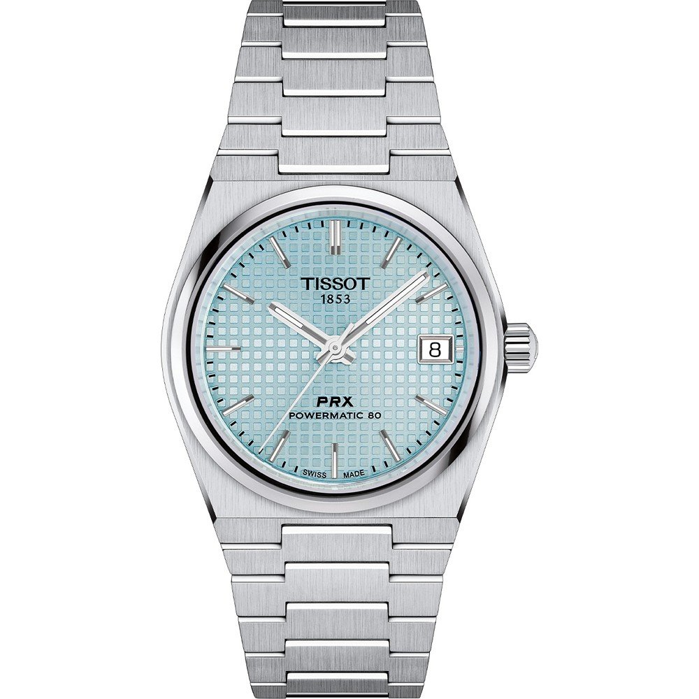 Montre Tissot PRX Powermatic 80 de 35 mm avec cadran bleu clair et bracelet en acier inoxydable.