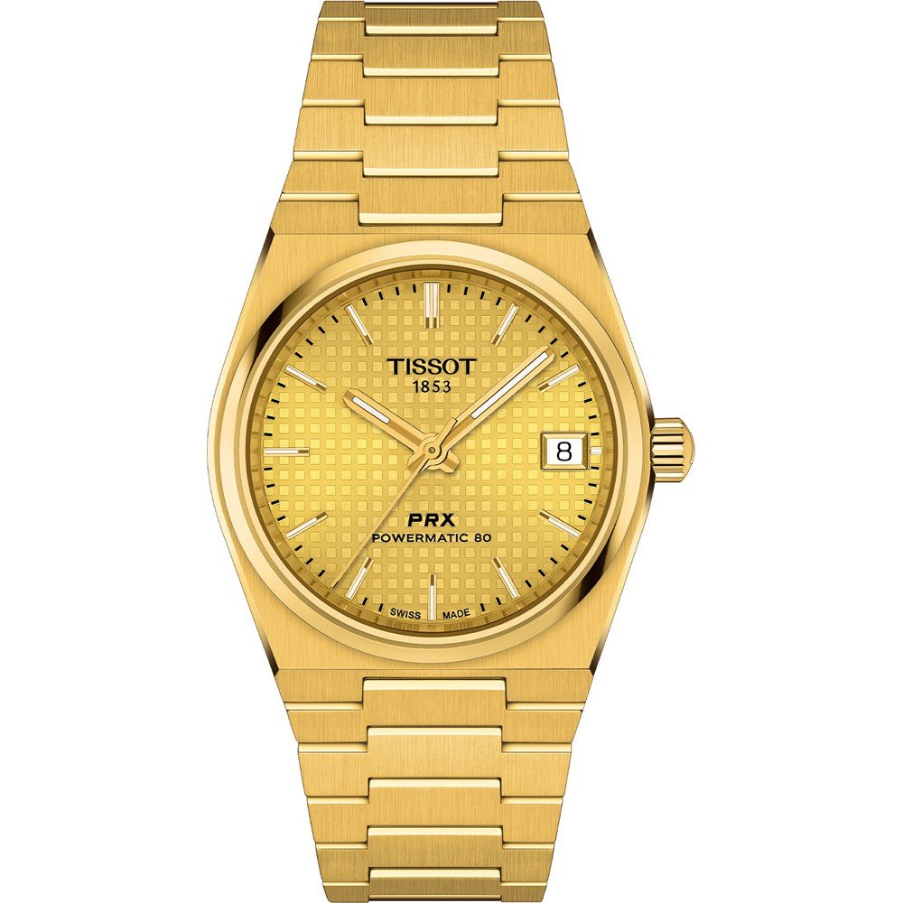 Montre Tissot PRX Powermatic 80 de 35 mm avec un cadran doré et un bracelet en acier doré.