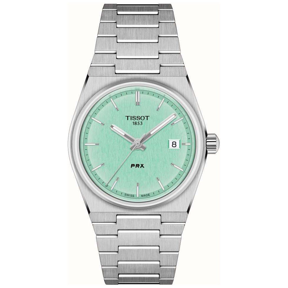 Montre Tissot PRX 35mm avec cadran vert menthe, boîtier en acier inoxydable et bracelet à maillons.