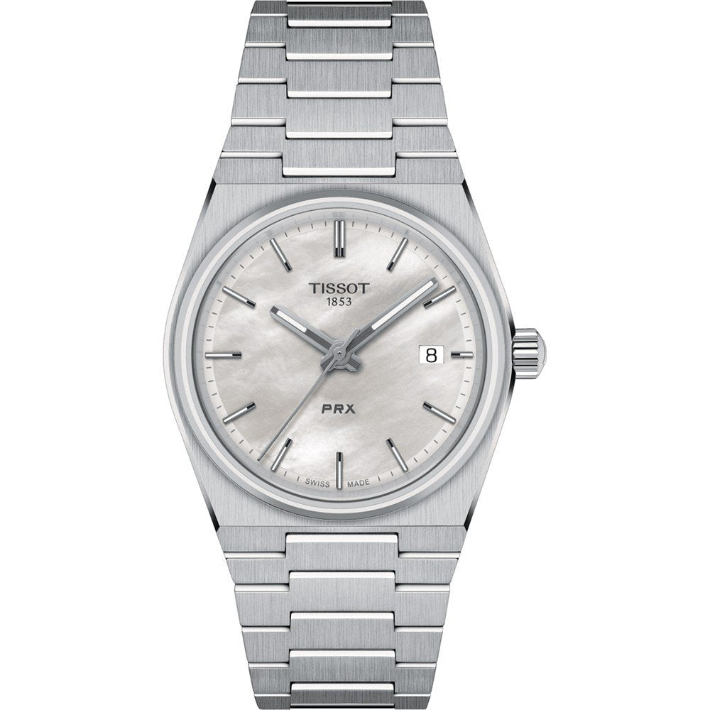 Montre Tissot PRX 35mm avec un cadran argenté et un boîtier en acier inoxydable.
