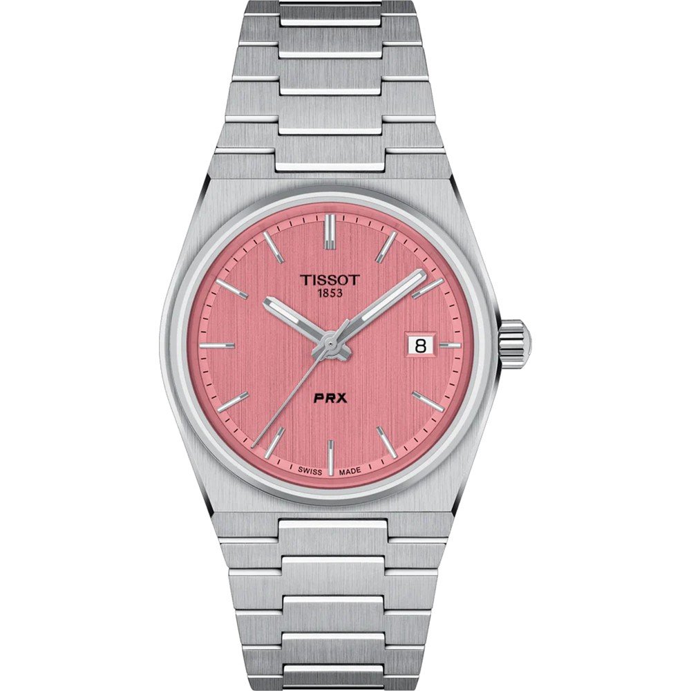 Montre Tissot PRX 35mm avec un cadran rose, boîtier en acier inoxydable et bracelet en acier.