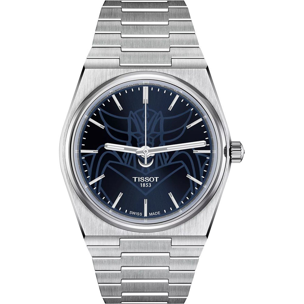 Montre Tissot PRX avec un cadran bleu et un motif de robot, boîtier en acier inoxydable et bracelet en acier.