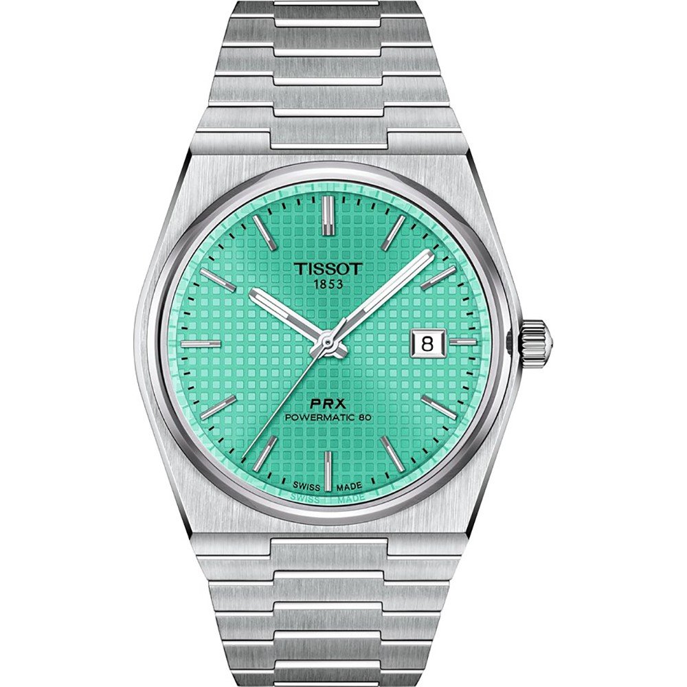 Montre Tissot PRX Powermatic 80 avec cadran turquoise, boîtier en acier inoxydable et bracelet en acier.