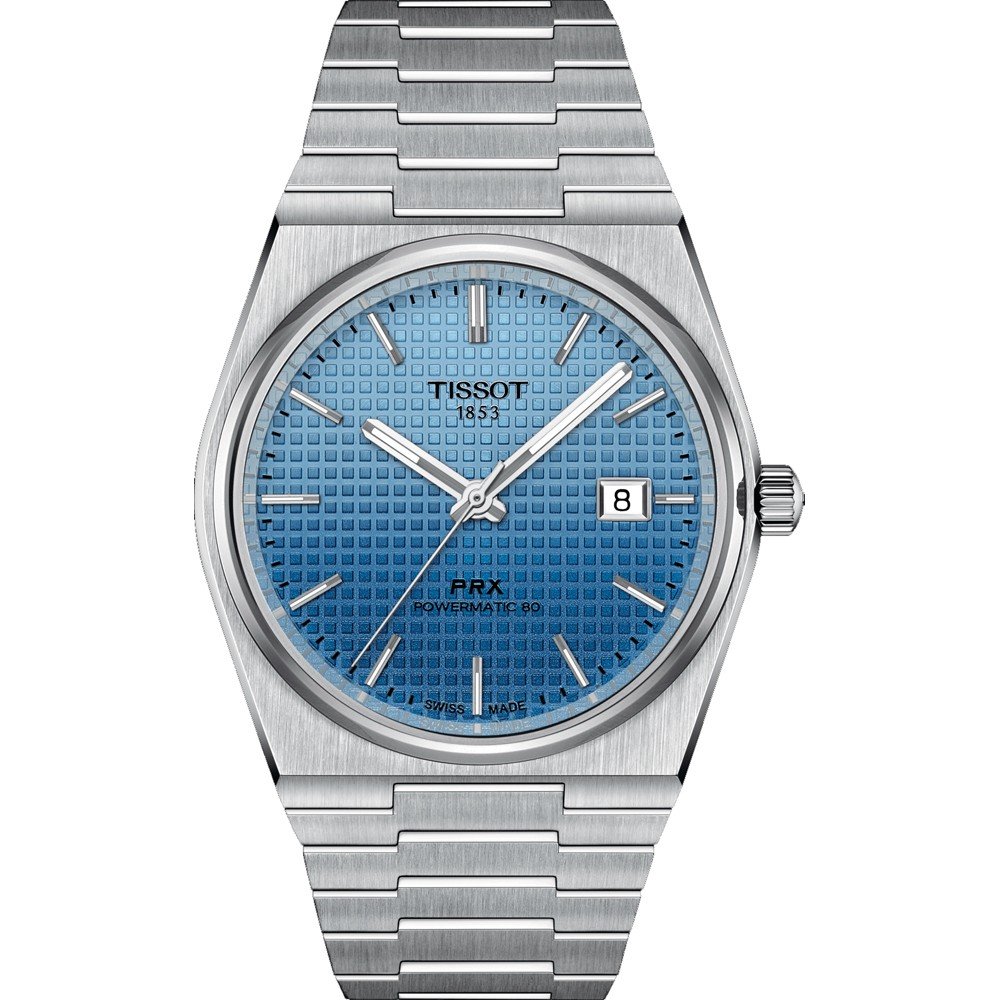 Montre Tissot PRX Powermatic 80 de 40 mm avec cadran dégradé bleu et bracelet en acier inoxydable.