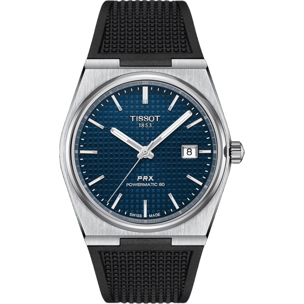 Montre Tissot PRX avec cadran bleu, boîtier en acier inoxydable et bracelet en caoutchouc noir.