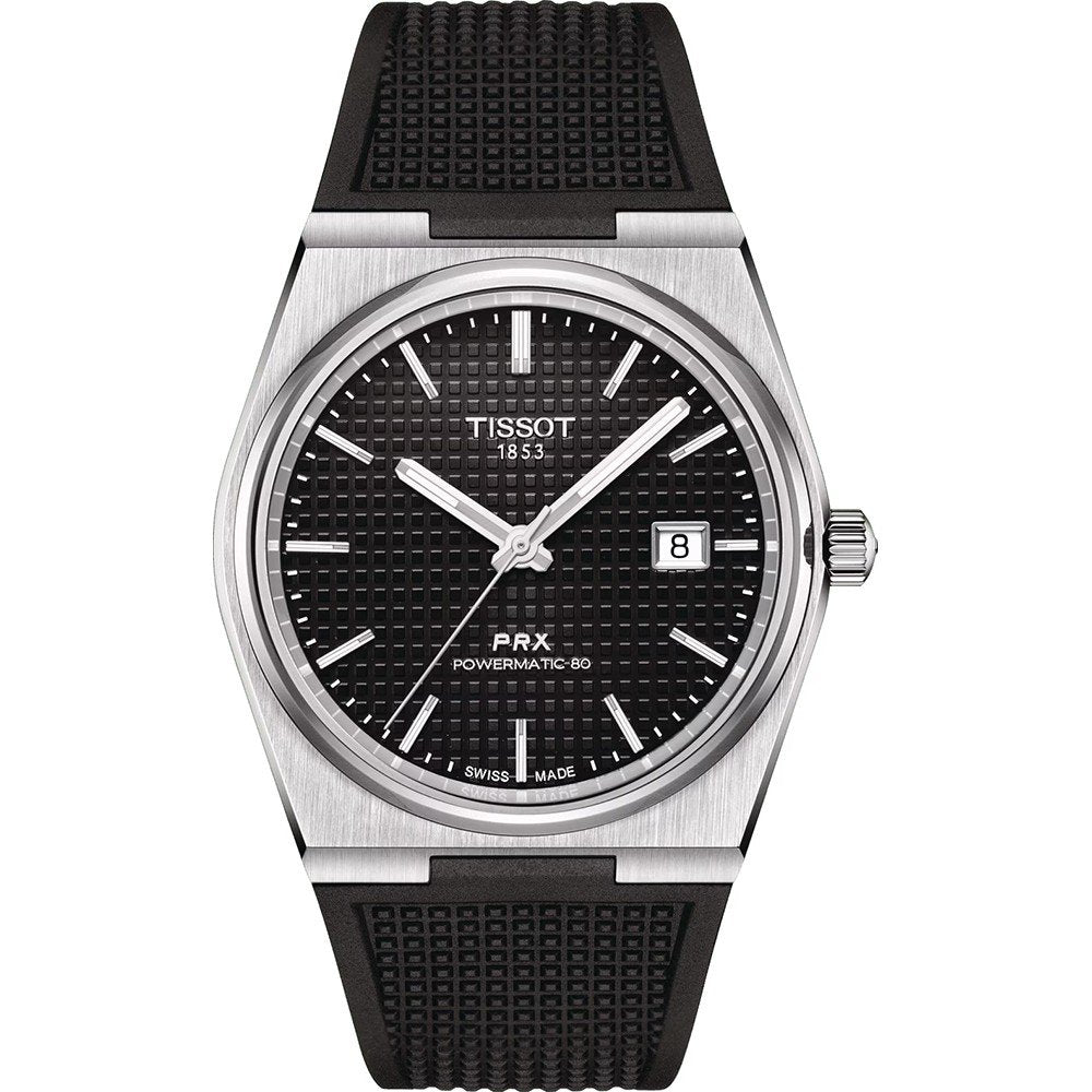 Montre Tissot PRX avec cadran noir, boîtier en acier inoxydable et bracelet en caoutchouc.