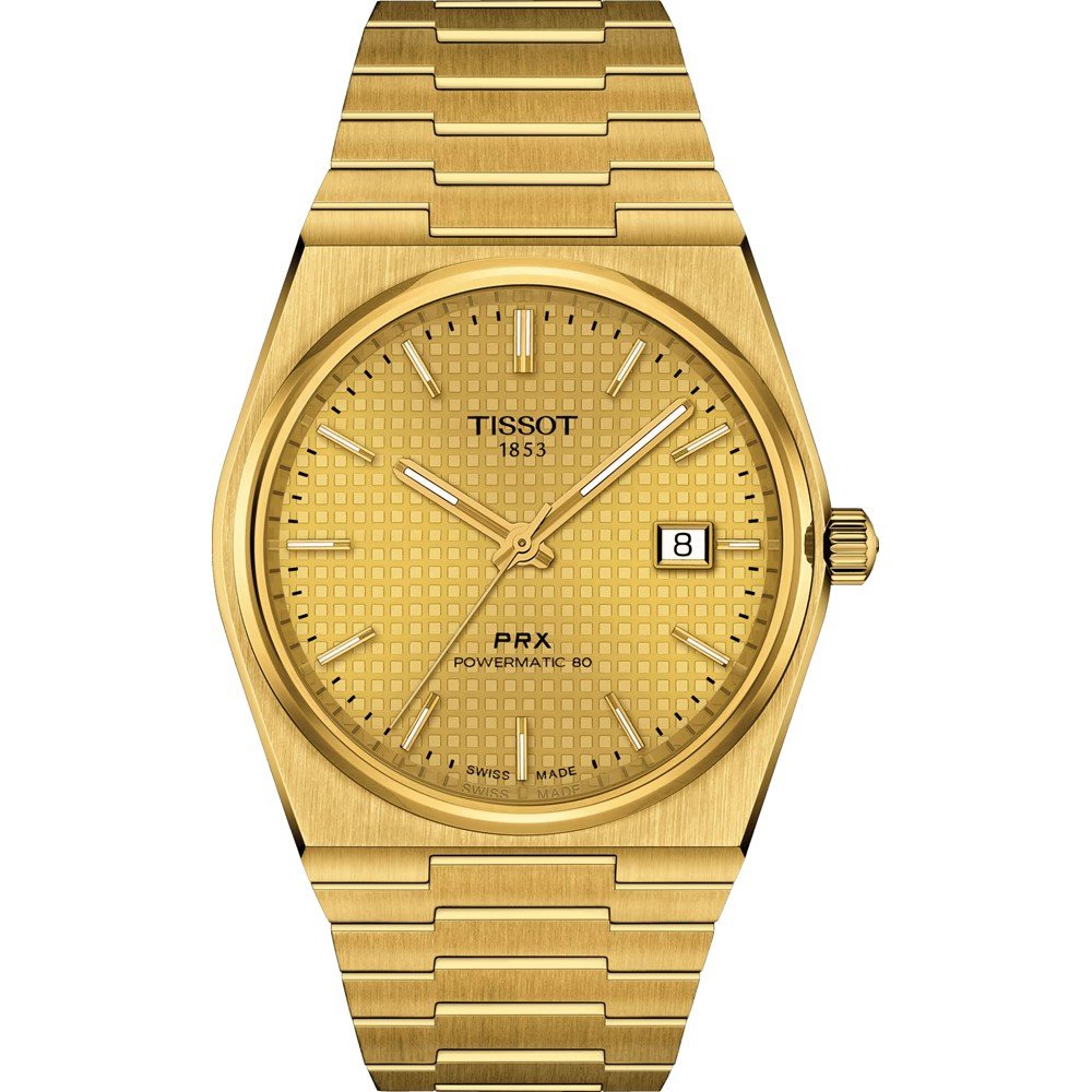Montre Tissot PRX avec boîtier et bracelet dorés, cadran doré à motif, affichage de date.
