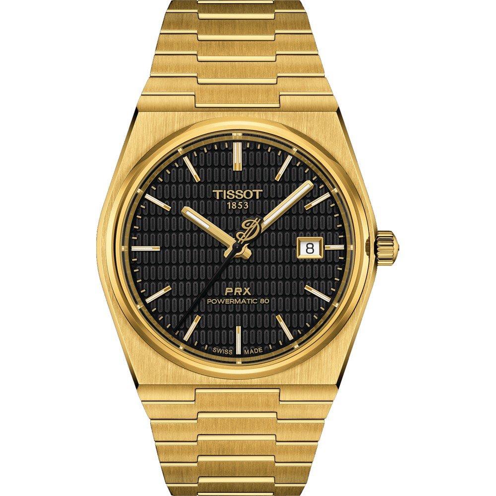 Montre Tissot PRX Powermatic 80 en acier doré avec cadran noir et bracelet intégré.