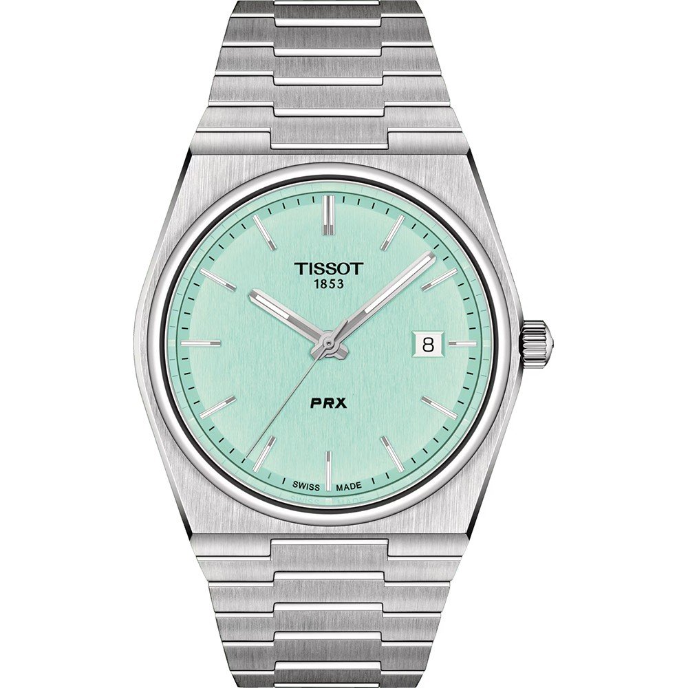 Montre Tissot PRX avec cadran vert menthe, boîtier en acier inoxydable et bracelet à maillons.
