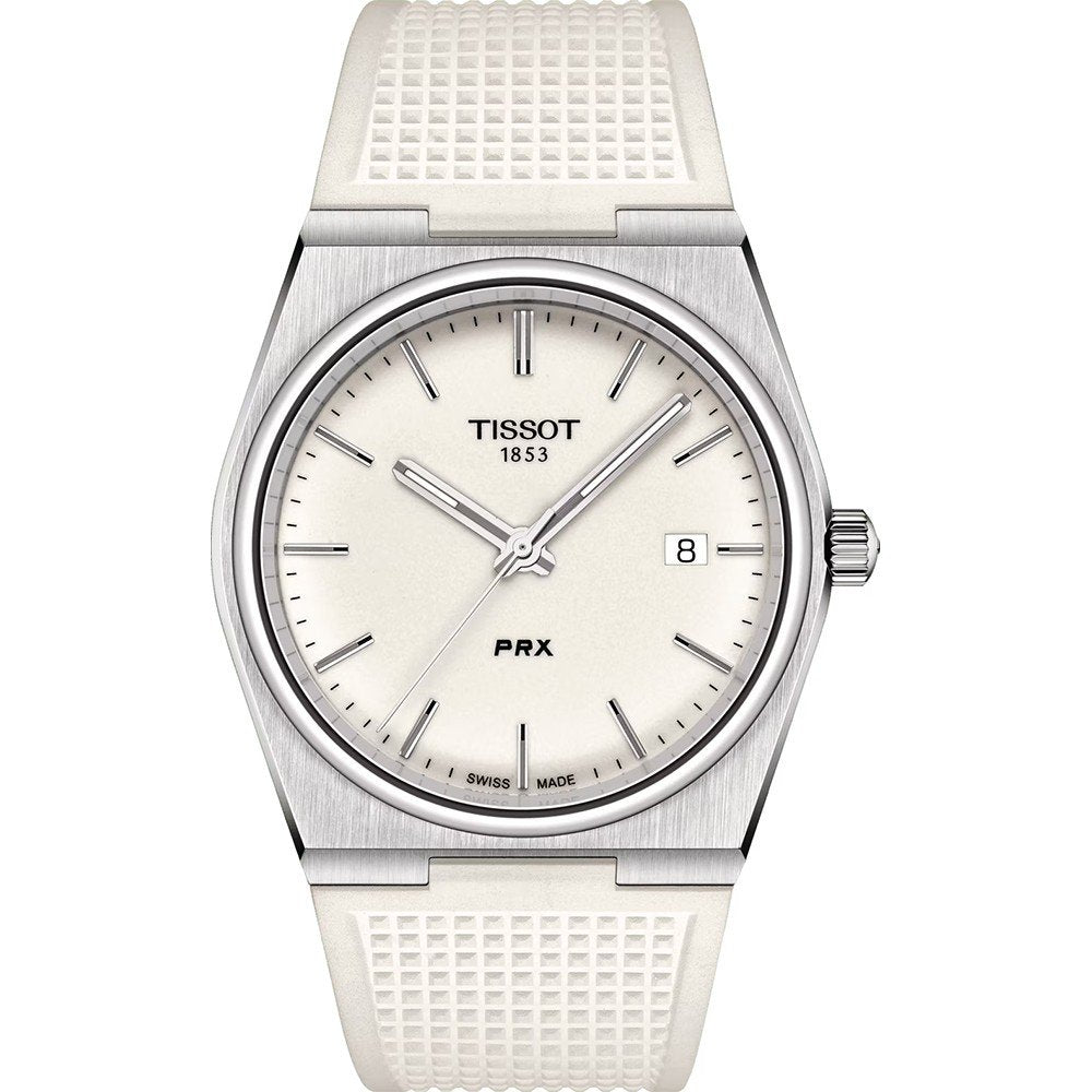 Montre Tissot PRX avec cadran blanc, boîtier en acier inoxydable et bracelet en silicone.
