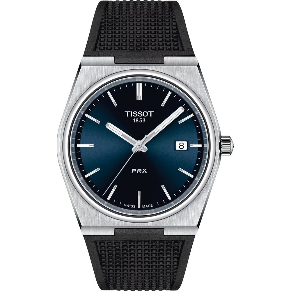 Montre Tissot PRX avec cadran bleu, boîtier en acier inoxydable et bracelet en caoutchouc noir.