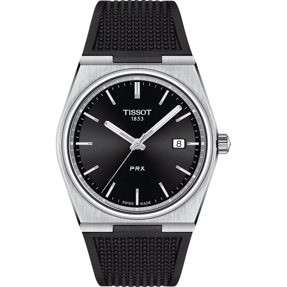 Montre Tissot PRX avec boîtier en acier inoxydable, cadran noir et bracelet en caoutchouc noir.