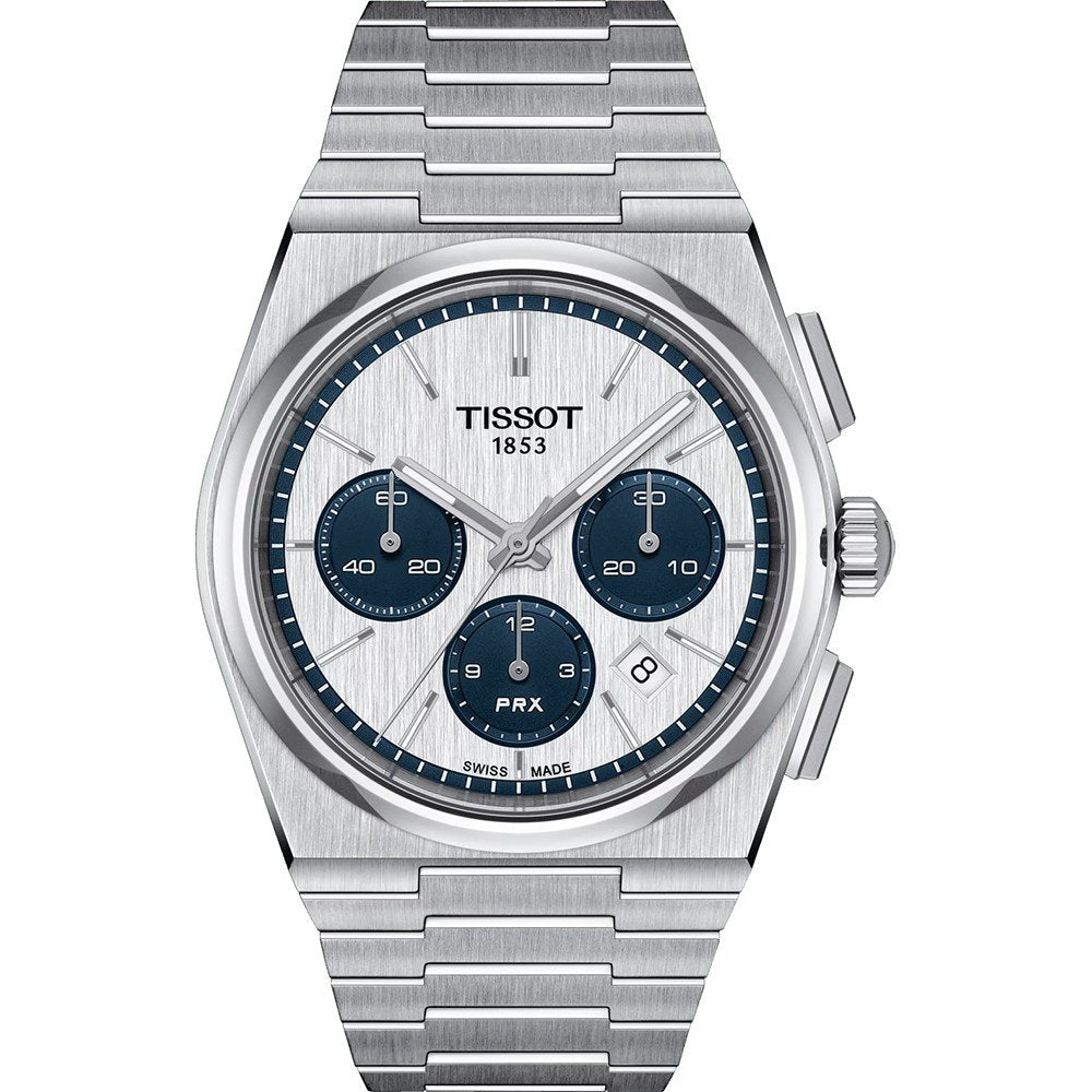 Montre Tissot PRX automatique avec cadran argenté, trois sous-cadrans bleus et bracelet en acier inoxydable.