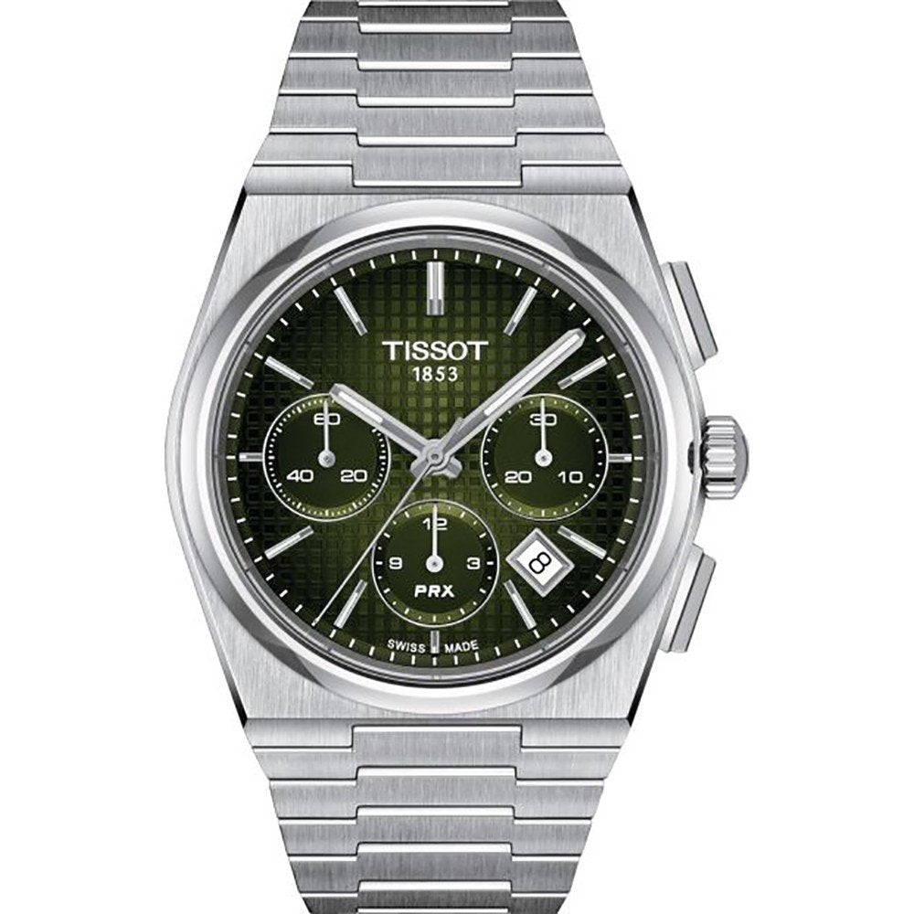 Montre Tissot PRX automatique avec cadran vert, boîtier en acier inoxydable et bracelet en acier.