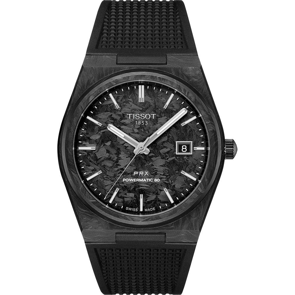 Montre Tissot PRX Powermatic 80 de 40 mm avec boîtier en carbone, cadran noir texturé et bracelet en caoutchouc.