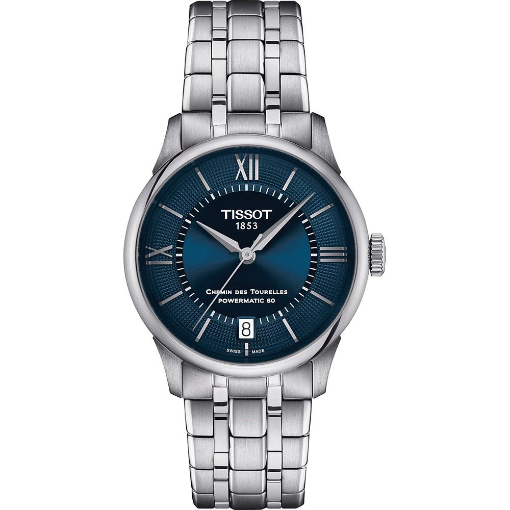 Montre Tissot Chemin des Tourelles avec un cadran bleu, boîtier en acier inoxydable et bracelet en acier.