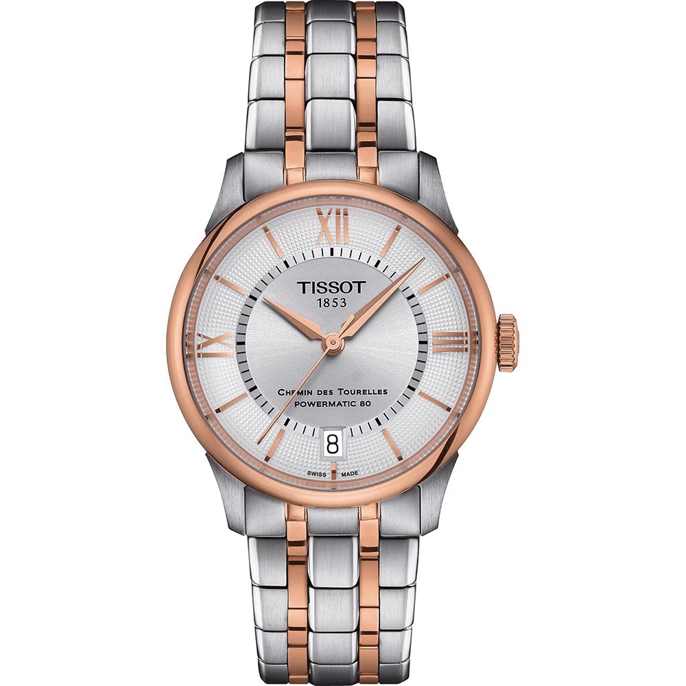 Montre Tissot Chemin des Tourelles avec boîtier en acier inoxydable et doré rose, cadran argenté, bracelet à maillons.