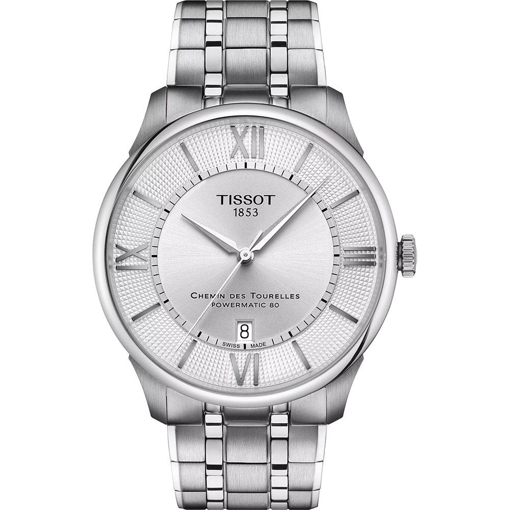 Montre Tissot Chemin Des Tourelles avec boîtier en acier inoxydable, cadran argenté et bracelet en métal.