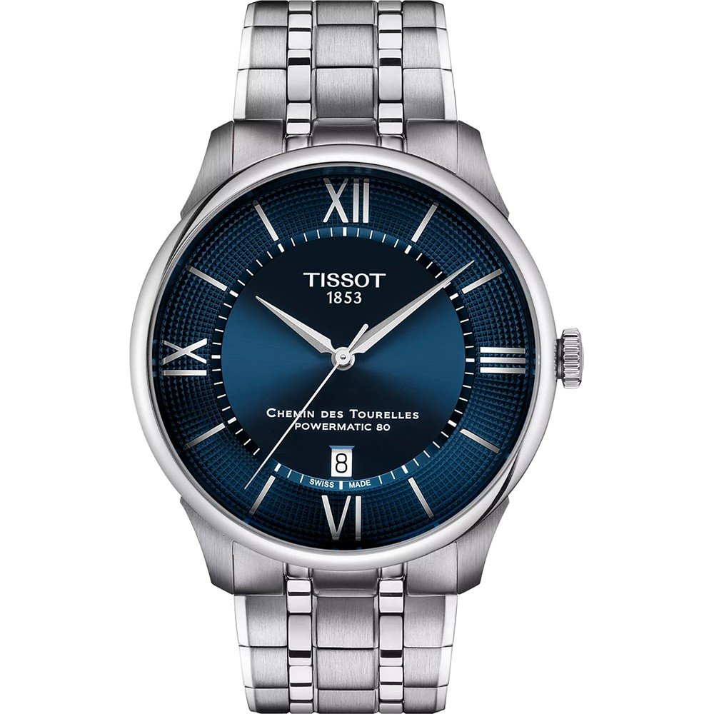 Montre Tissot Chemin des Tourelles avec cadran bleu, boîtier en acier inoxydable et bracelet en métal.
