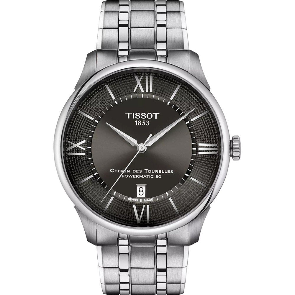 Montre Tissot Chemin Des Tourelles avec boîtier en acier inoxydable, cadran gris et bracelet en acier.