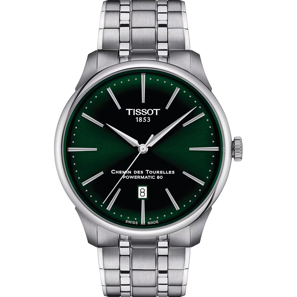 Montre Tissot Chemin des Tourelles avec un cadran vert, boîtier en acier inoxydable et bracelet en acier.