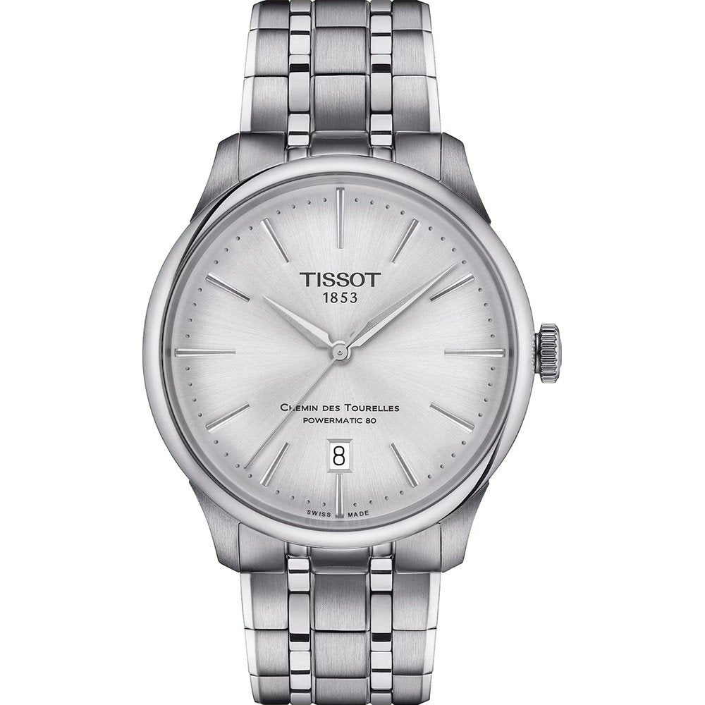 Montre Tissot Chemin des Tourelles avec boîtier en acier inoxydable, cadran argenté et bracelet à maillons.