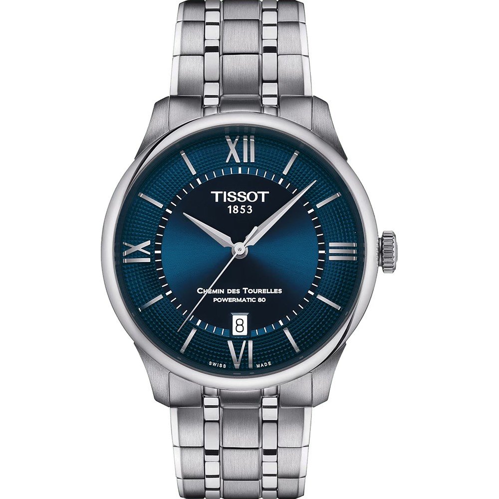 Montre Tissot Chemin des Tourelles avec cadran bleu, boîtier en acier inoxydable et bracelet à maillons.