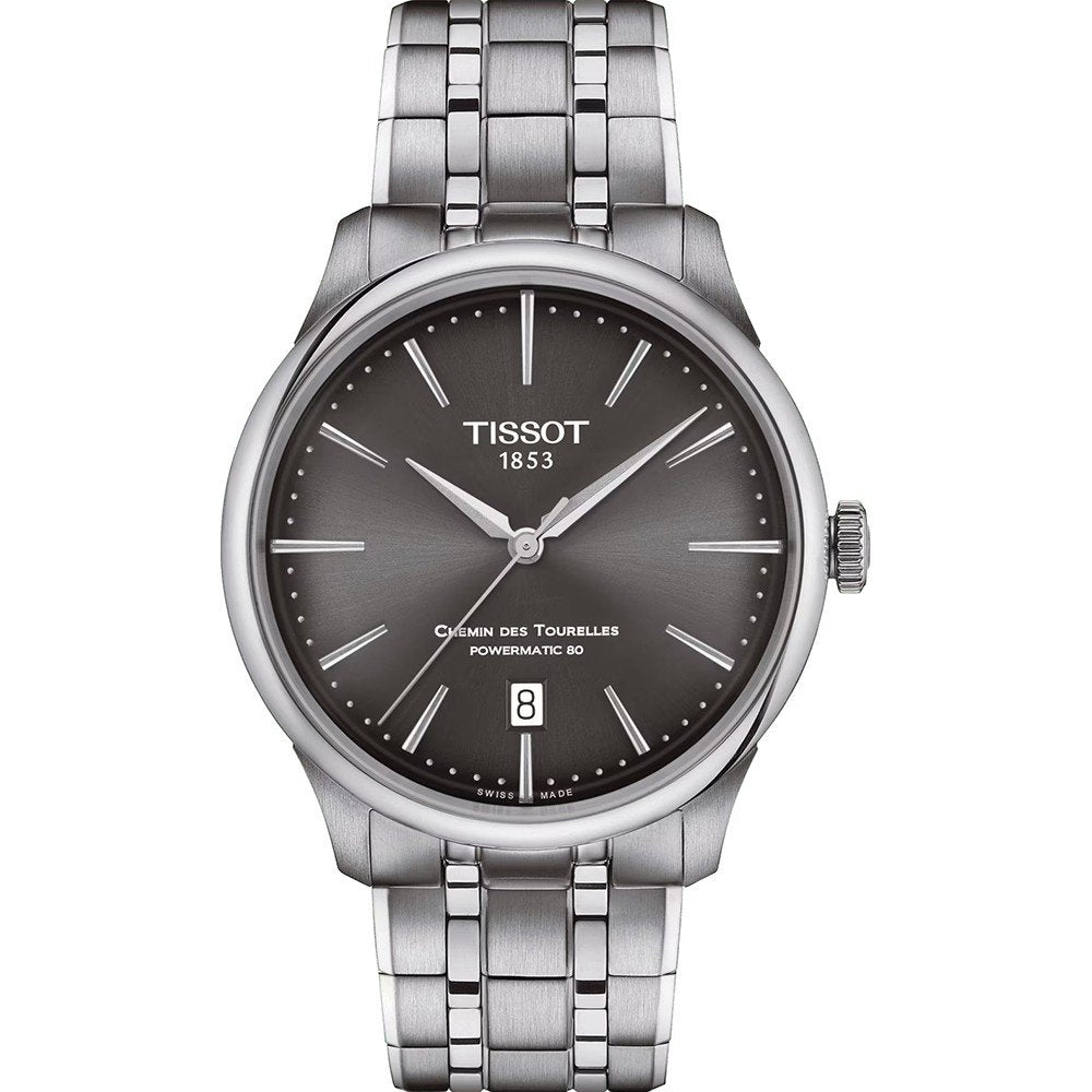 Montre Tissot Chemin des Tourelles avec boîtier en acier inoxydable, cadran gris et bracelet en acier.