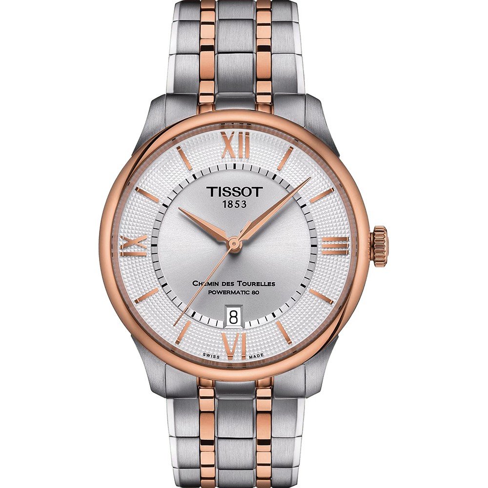 Montre Tissot Chemin des Tourelles avec boîtier en acier inoxydable argenté et doré, cadran argenté et bracelet à maillons.
