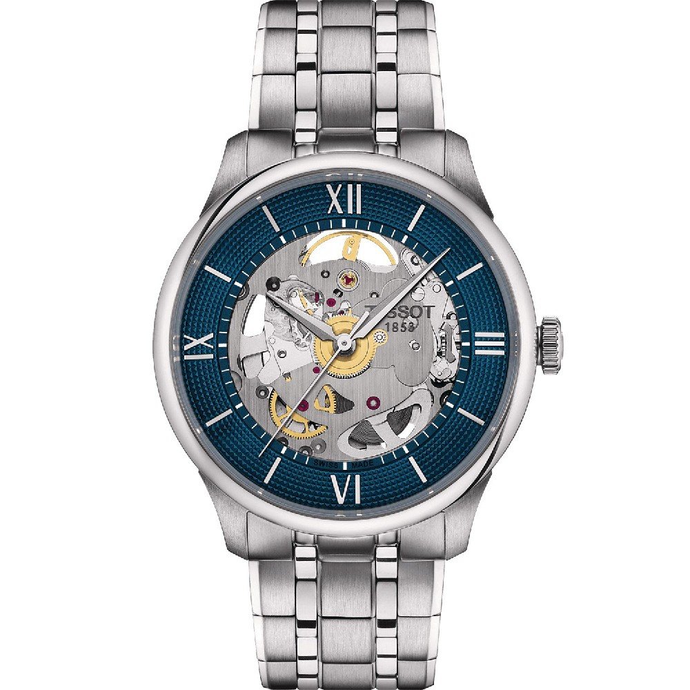 Montre Tissot Chemin Des Tourelles avec cadran bleu, boîtier en acier inoxydable et bracelet en acier.